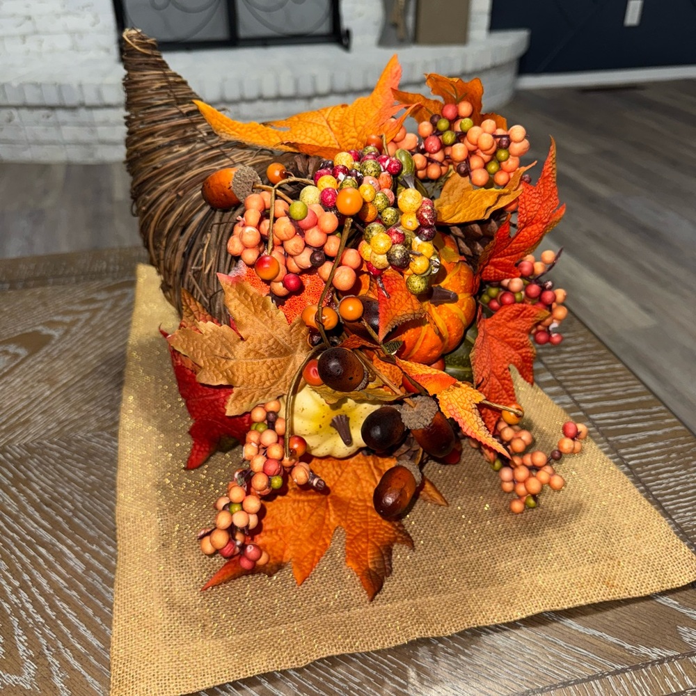 Elegant Woven Cornucopia decor with Autumn Accents